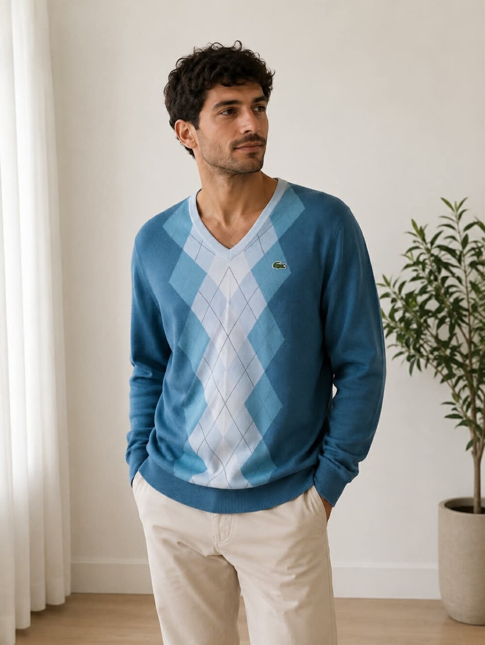 Lacoste Men's Teal and Light-Blue Argyle V-Neck Sweater Size 7